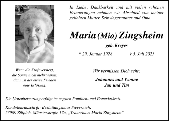 Anzeige von Maria Zingsheim von  Blickpunkt Euskirchen 