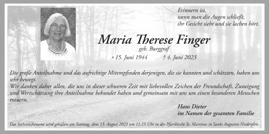 Anzeige von Maria Therese Finger von  Extra Blatt 