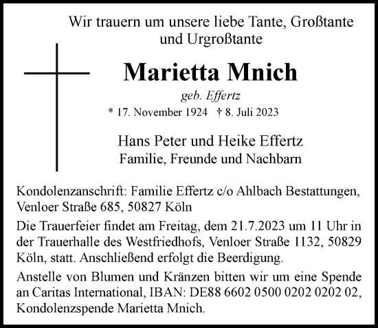 Anzeige von Marietta Mnich von  EXPRESS - Die Woche 
