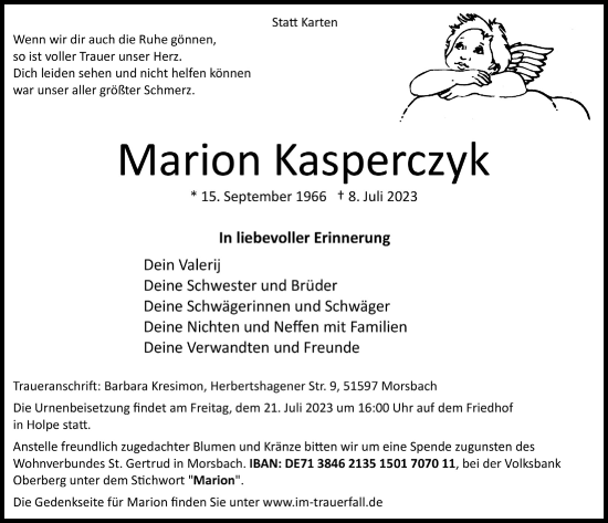 Anzeige von Marion Kasperczyk von  Lokalanzeiger 
