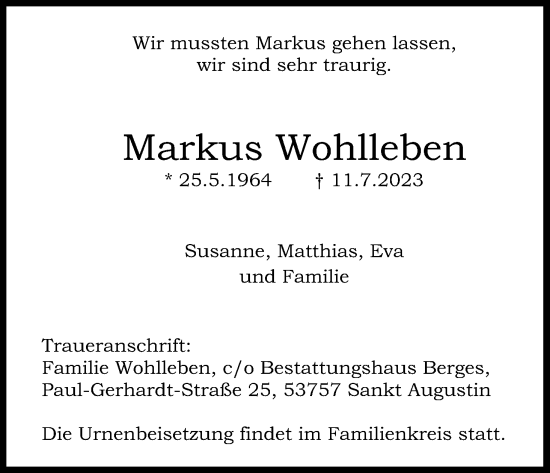 Anzeige von Markus Wohlleben von Kölner Stadt-Anzeiger / Kölnische Rundschau / Express