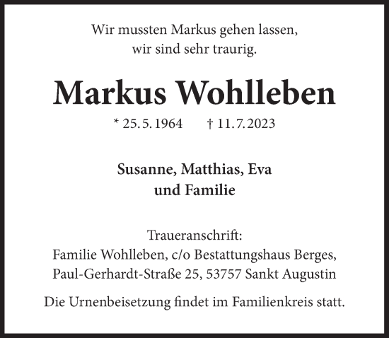 Anzeige von Markus Wohlleben von  Extra Blatt 