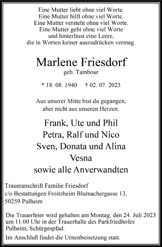 Anzeige von Marlene Friesdorf von  Wochenende 