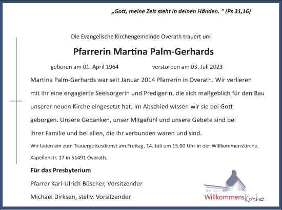 Anzeige von Martina Palm-Gerhards von Kölner Stadt-Anzeiger / Kölnische Rundschau / Express