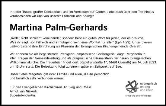 Anzeige von Martina Palm-Gerhards von Kölner Stadt-Anzeiger / Kölnische Rundschau / Express