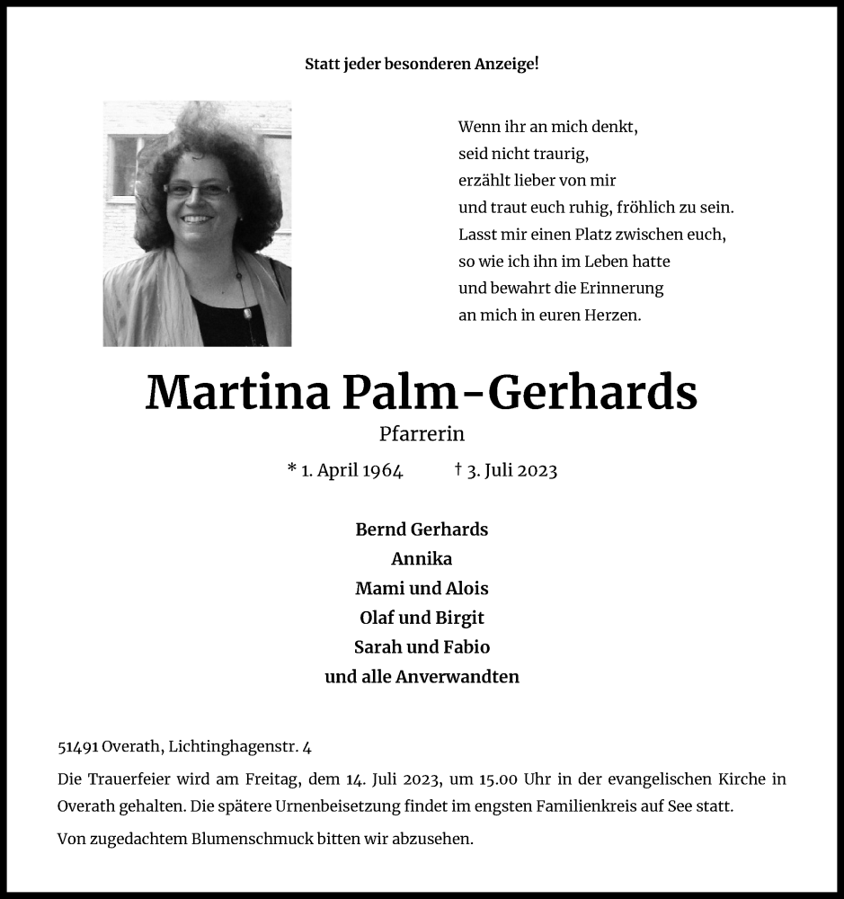  Traueranzeige für Martina Palm-Gerhards vom 08.07.2023 aus Kölner Stadt-Anzeiger / Kölnische Rundschau / Express