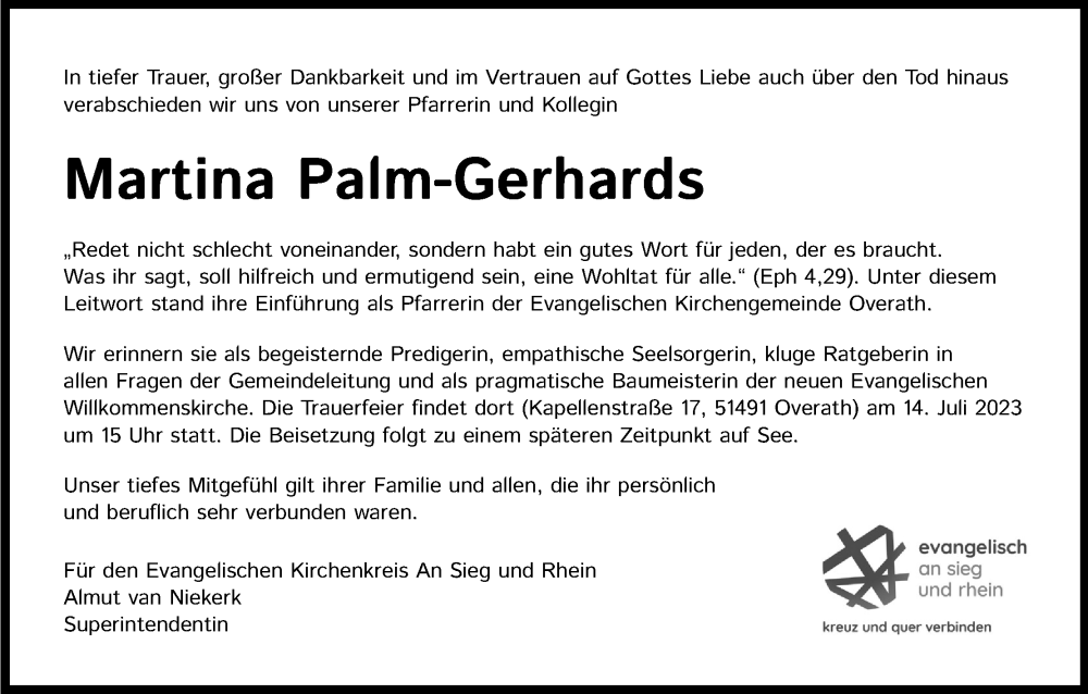  Traueranzeige für Martina Palm-Gerhards vom 08.07.2023 aus Kölner Stadt-Anzeiger / Kölnische Rundschau / Express