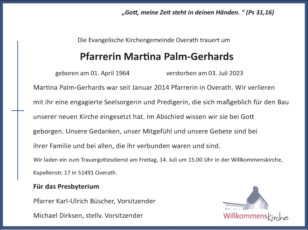  Traueranzeige für Martina Palm-Gerhards vom 08.07.2023 aus Kölner Stadt-Anzeiger / Kölnische Rundschau / Express
