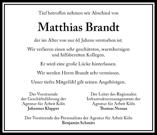 Anzeige von Matthias Brandt von Kölner Stadt-Anzeiger / Kölnische Rundschau / Express