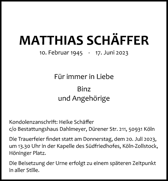 Anzeige von Matthias Schäffer von Kölner Stadt-Anzeiger / Kölnische Rundschau / Express