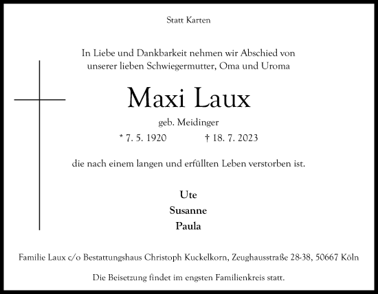 Anzeige von Maxi Laux von Kölner Stadt-Anzeiger / Kölnische Rundschau / Express
