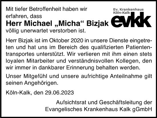Anzeige von Michael Bizjak von Kölner Stadt-Anzeiger / Kölnische Rundschau / Express