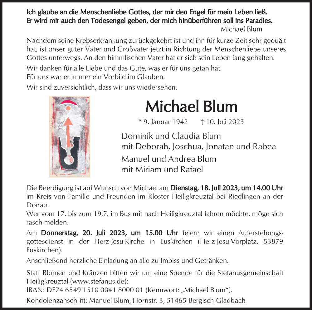  Traueranzeige für Michael Blum vom 15.07.2023 aus Kölner Stadt-Anzeiger / Kölnische Rundschau / Express