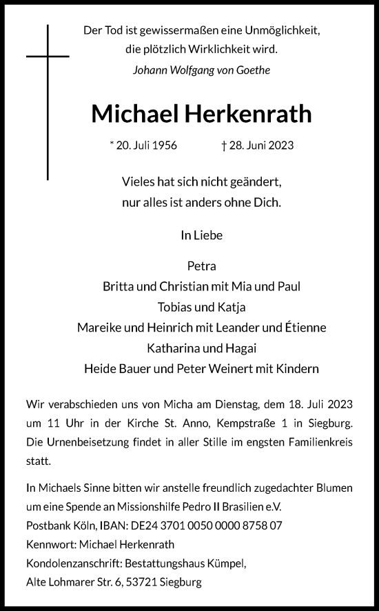 Anzeige von Michael Herkenrath von Kölner Stadt-Anzeiger / Kölnische Rundschau / Express