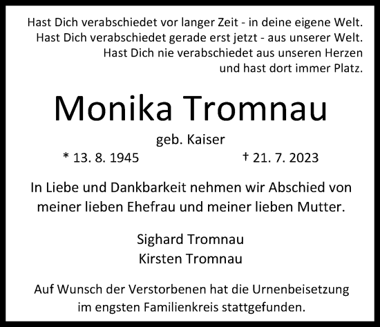 Anzeige von Monika Tromnau von Kölner Stadt-Anzeiger / Kölnische Rundschau / Express