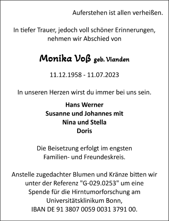 Anzeige von Monika Voß von  Schlossbote/Werbekurier 