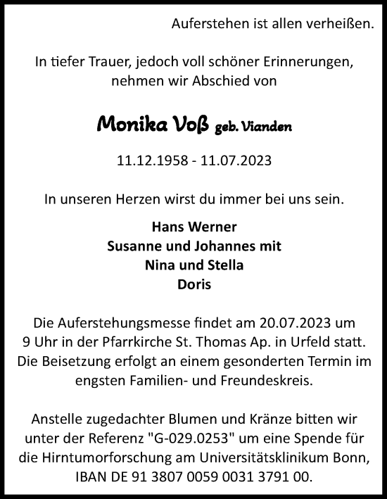 Anzeige von Monika Voß von Kölner Stadt-Anzeiger / Kölnische Rundschau / Express