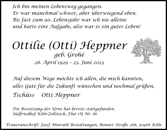 Anzeige von Ottilie Heppner von Kölner Stadt-Anzeiger / Kölnische Rundschau / Express