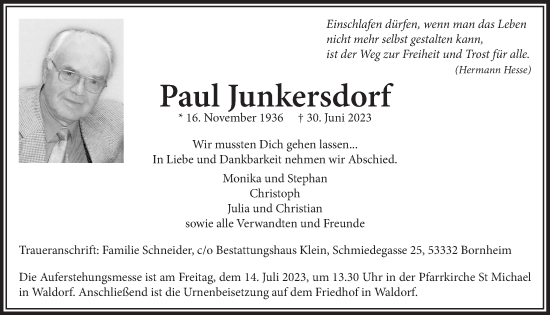 Anzeige von Paul Junkersdorf von  Schaufenster/Blickpunkt 