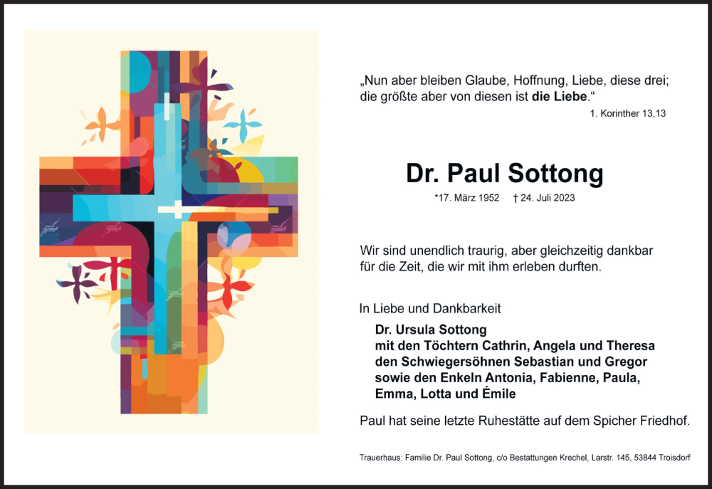  Traueranzeige für Paul Sottong vom 29.07.2023 aus Kölner Stadt-Anzeiger / Kölnische Rundschau / Express