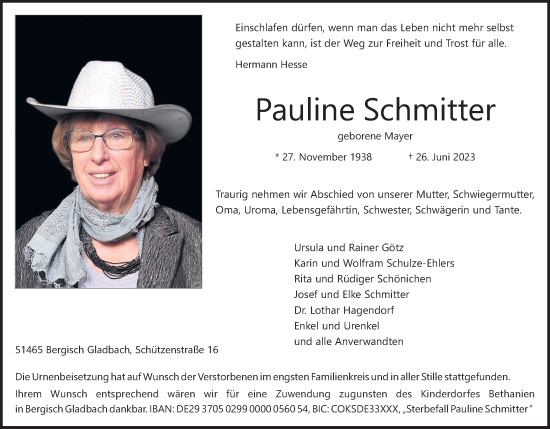 Anzeige von Pauline Schmitter von Kölner Stadt-Anzeiger / Kölnische Rundschau / Express