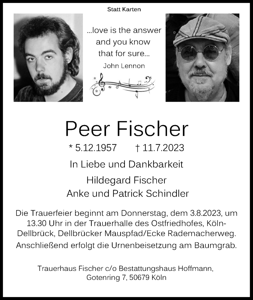  Traueranzeige für Peer Fischer vom 22.07.2023 aus Kölner Stadt-Anzeiger / Kölnische Rundschau / Express