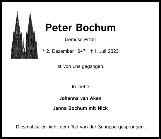 Anzeige von Peter Bochum von Kölner Stadt-Anzeiger / Kölnische Rundschau / Express