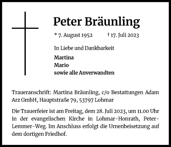 Anzeige von Peter Bräunling von Kölner Stadt-Anzeiger / Kölnische Rundschau / Express