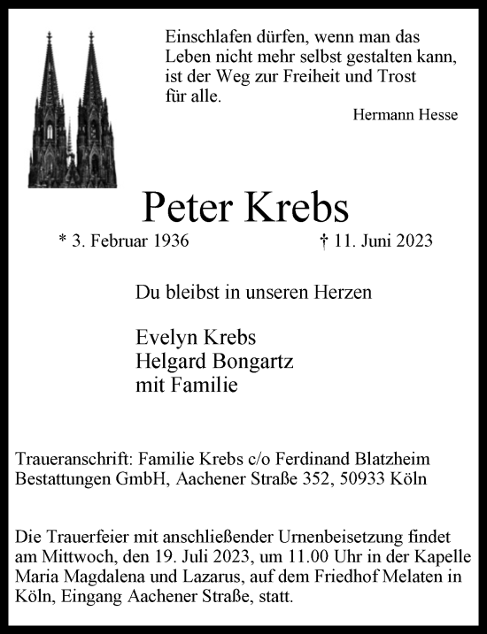 Anzeige von Peter Krebs von  EXPRESS - Die Woche 