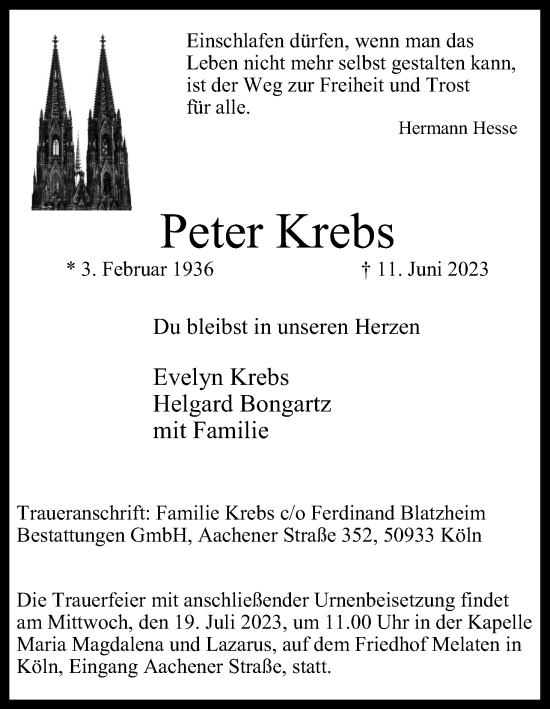 Anzeige von Peter Krebs von Kölner Stadt-Anzeiger / Kölnische Rundschau / Express