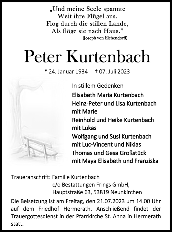 Anzeige von Peter Kurtenbach von Kölner Stadt-Anzeiger / Kölnische Rundschau / Express