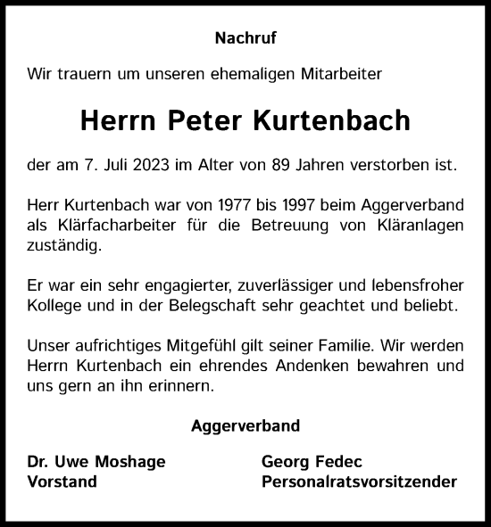 Anzeige von Peter Kurtenbach von Kölner Stadt-Anzeiger / Kölnische Rundschau / Express