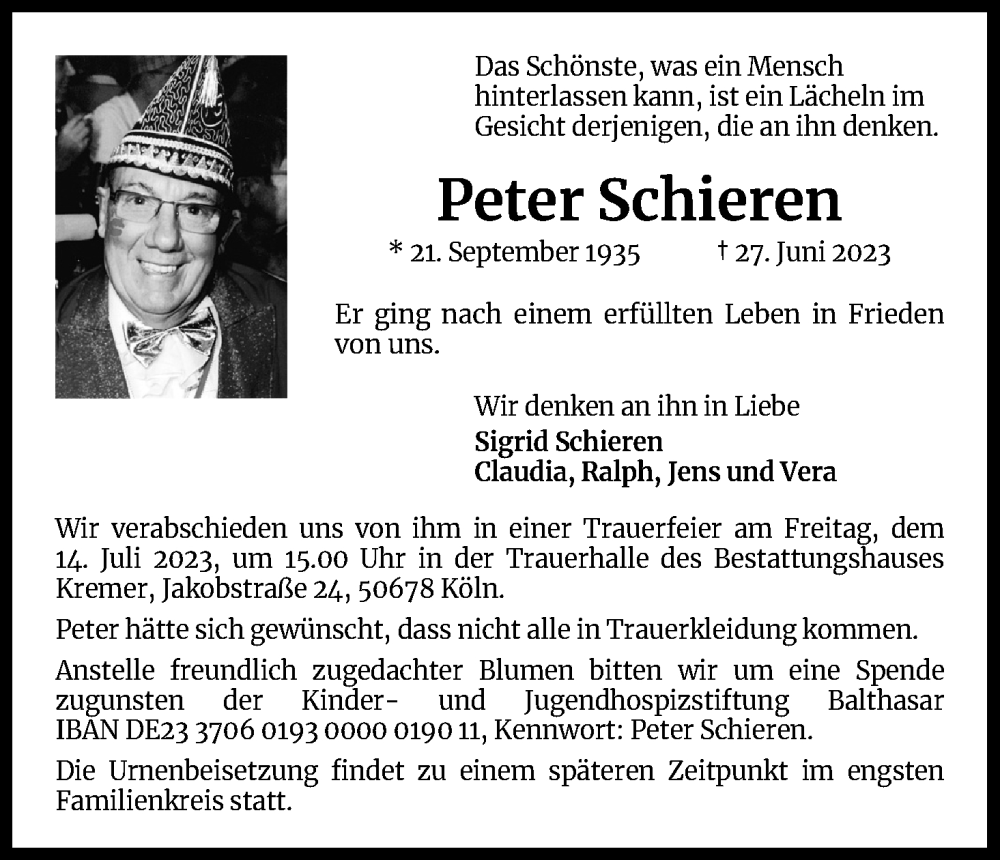  Traueranzeige für Peter Schieren vom 08.07.2023 aus Kölner Stadt-Anzeiger / Kölnische Rundschau / Express