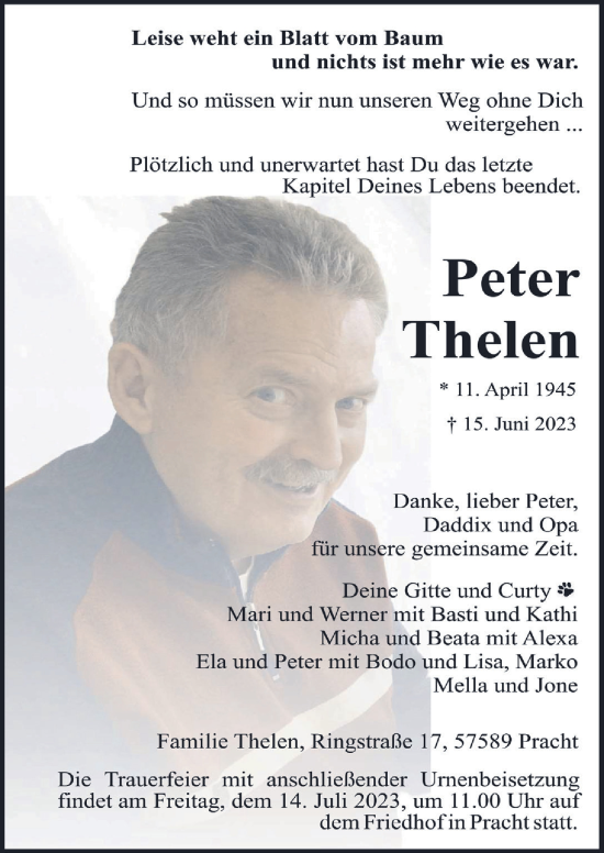 Anzeige von Peter Thelen von  Bergisches Handelsblatt 