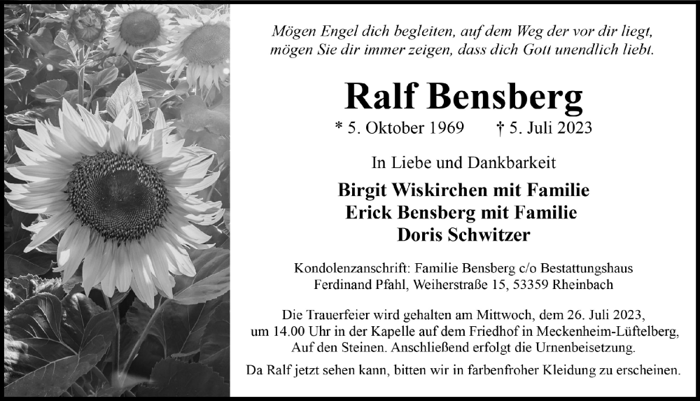 Traueranzeige für Ralf Bensberg vom 14.07.2023 aus  Schaufenster/Blickpunkt 