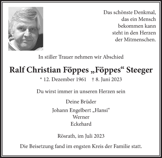 Anzeige von Ralf Christian Föppes Steeger von  Bergisches Handelsblatt 