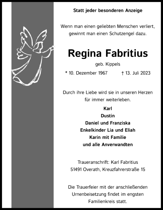 Anzeige von Regina Fabritius von Kölner Stadt-Anzeiger / Kölnische Rundschau / Express