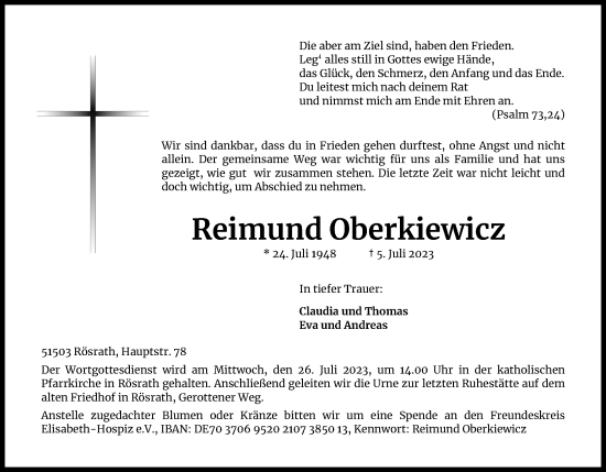 Anzeige von Reimund Oberkiewicz von Kölner Stadt-Anzeiger / Kölnische Rundschau / Express