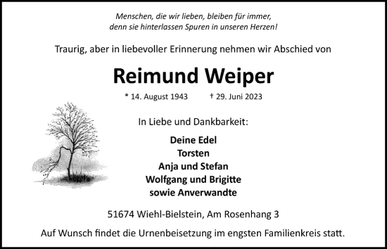 Anzeige von Reimund Weiper von  Anzeigen Echo 