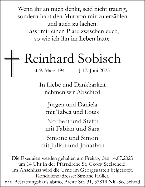 Anzeige von Reinhard Sobisch von Kölner Stadt-Anzeiger / Kölnische Rundschau / Express