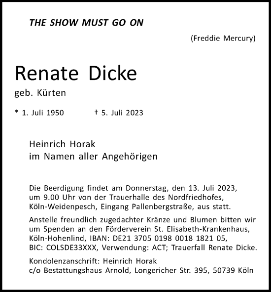 Anzeige von Renate Dicke von Kölner Stadt-Anzeiger / Kölnische Rundschau / Express