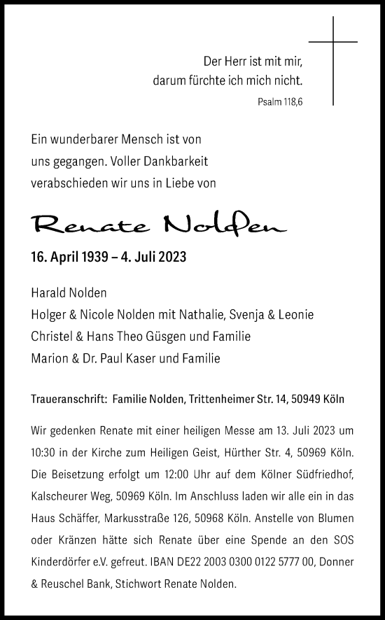 Anzeige von Renate Nolden von Kölner Stadt-Anzeiger / Kölnische Rundschau / Express