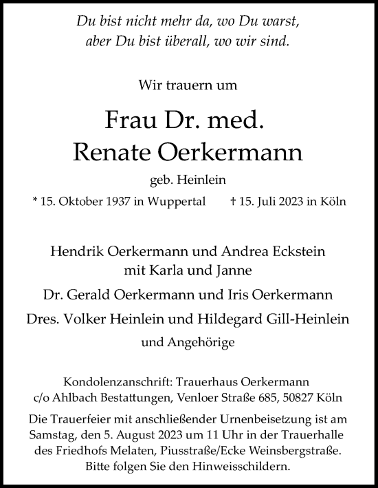 Anzeige von Renate Oerkermann von Kölner Stadt-Anzeiger / Kölnische Rundschau / Express