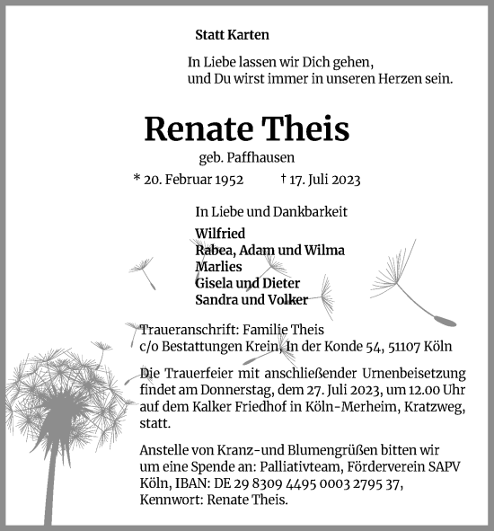 Anzeige von Renate Theis von Kölner Stadt-Anzeiger / Kölnische Rundschau / Express