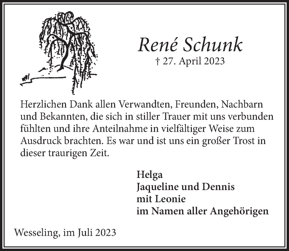  Traueranzeige für René Schunk vom 07.07.2023 aus  EXPRESS - Die Woche  Schlossbote/Werbekurier 