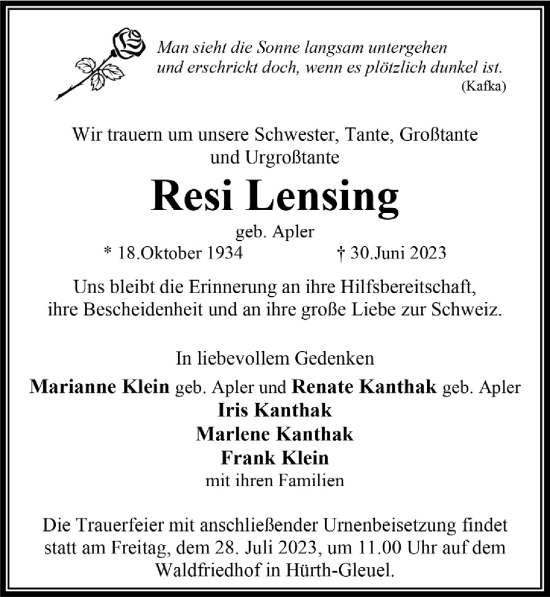 Anzeige von Resi Lensing von  Wochenende 