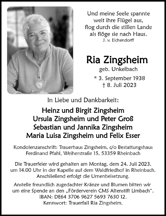 Anzeige von Ria Zingsheim von  Schaufenster/Blickpunkt 