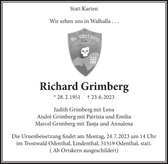 Anzeige von Richard Grimberg von  Bergisches Handelsblatt 