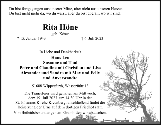 Anzeige von Rita Höne von Kölner Stadt-Anzeiger / Kölnische Rundschau / Express