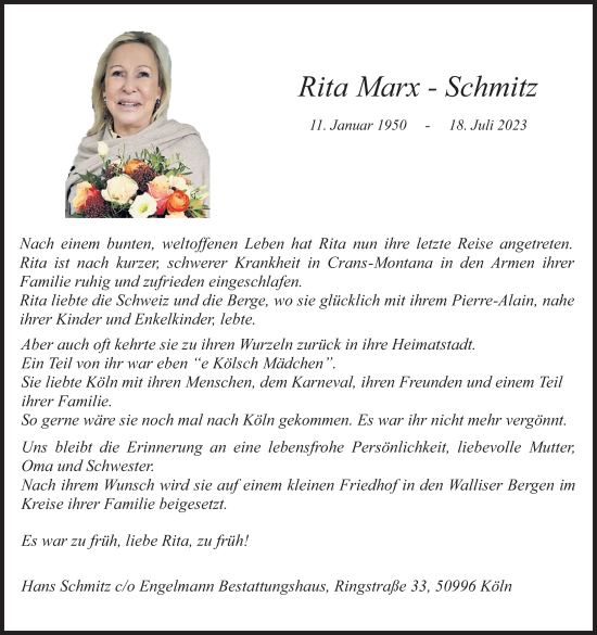 Anzeige von Rita Marx-Schmitz von Kölner Stadt-Anzeiger / Kölnische Rundschau / Express